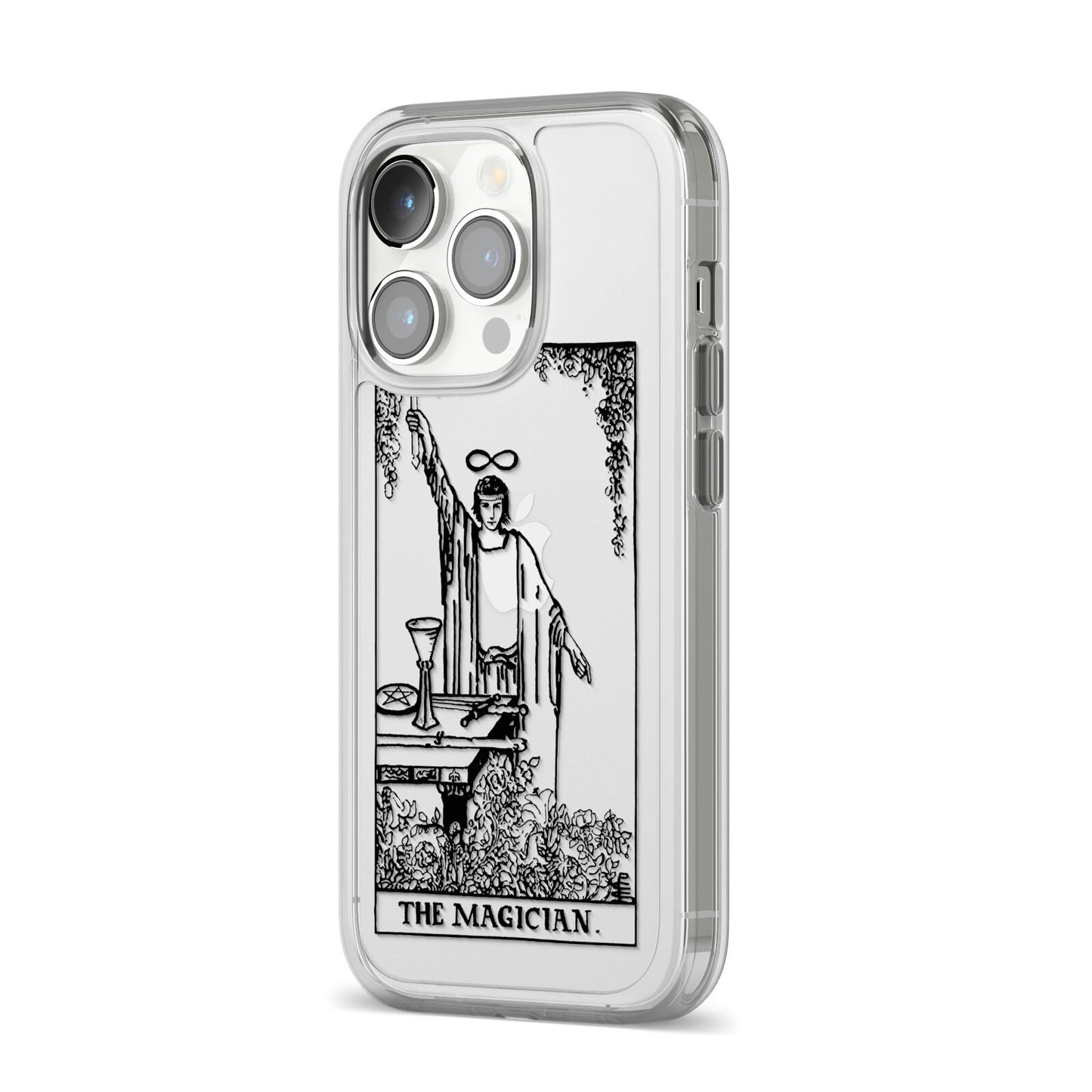 The Magician Monochrome Tarot Card iPhone 14 Pro Clear Tough Case Silver Angled Image