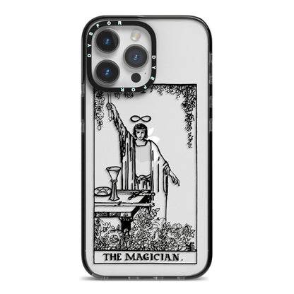 The Magician Monochrome Tarot Card iPhone 14 Pro Max Black Impact Case on Silver phone