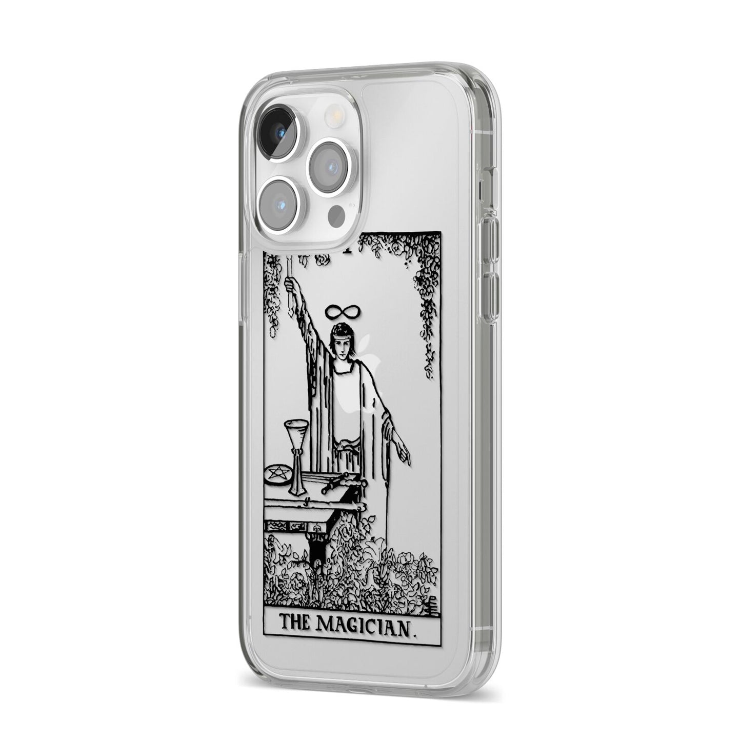 The Magician Monochrome Tarot Card iPhone 14 Pro Max Clear Tough Case Silver Angled Image
