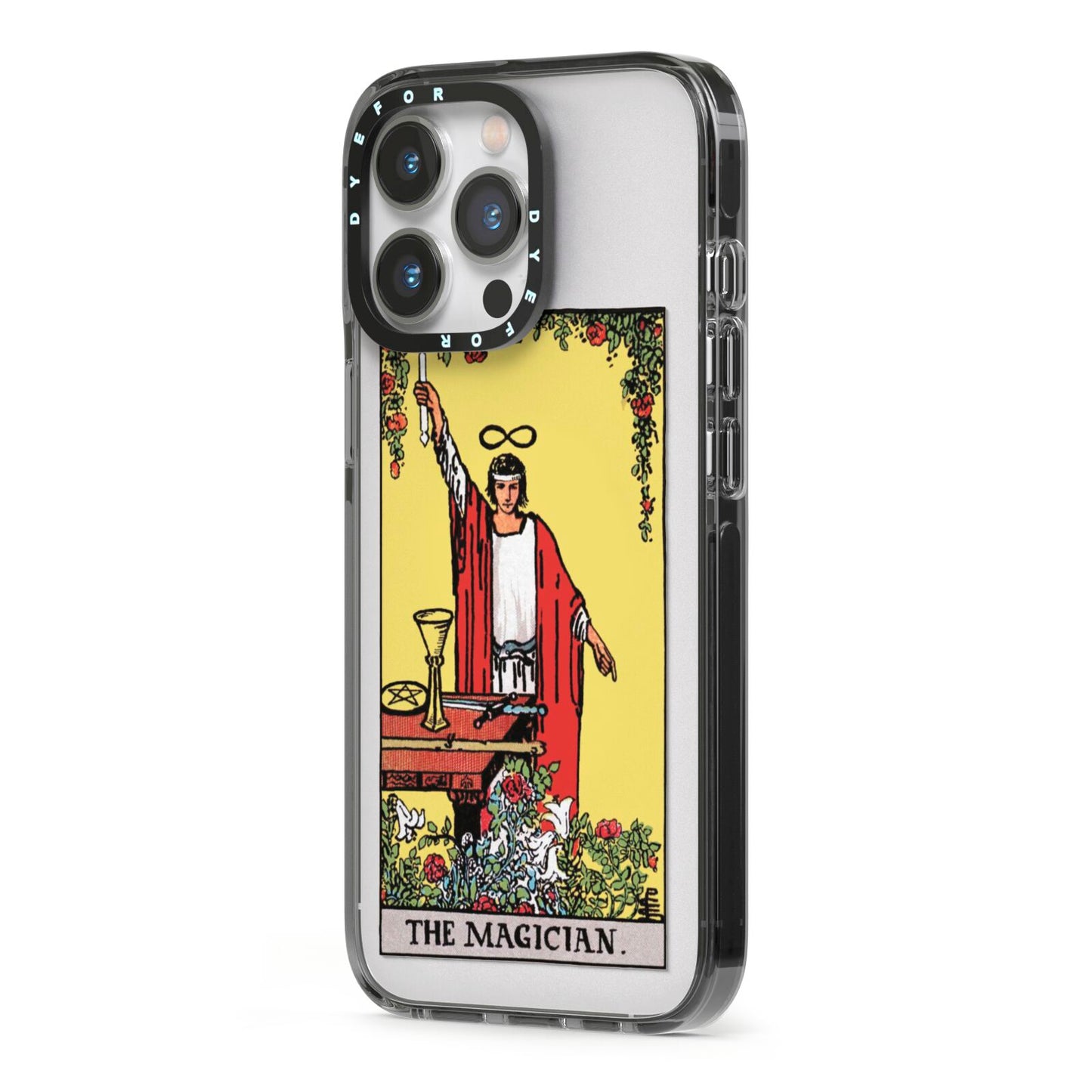 The Magician Tarot Card iPhone 13 Pro Black Impact Case Side Angle on Silver phone