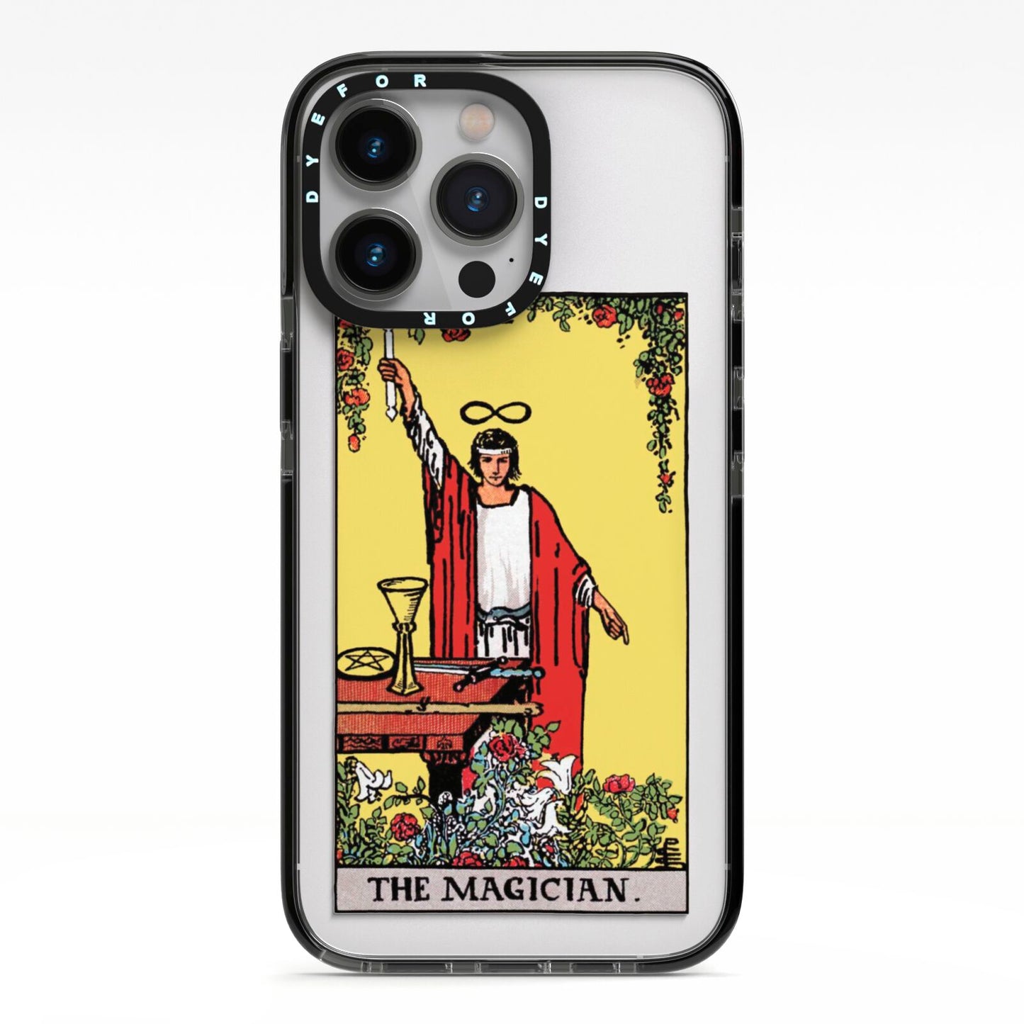 The Magician Tarot Card iPhone 13 Pro Black Impact Case on Silver phone