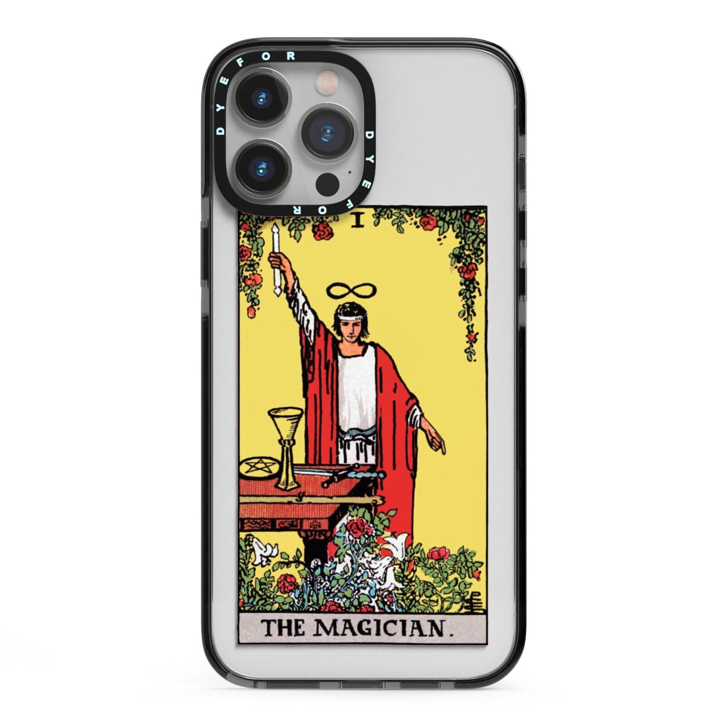 The Magician Tarot Card iPhone 13 Pro Max Black Impact Case on Silver phone