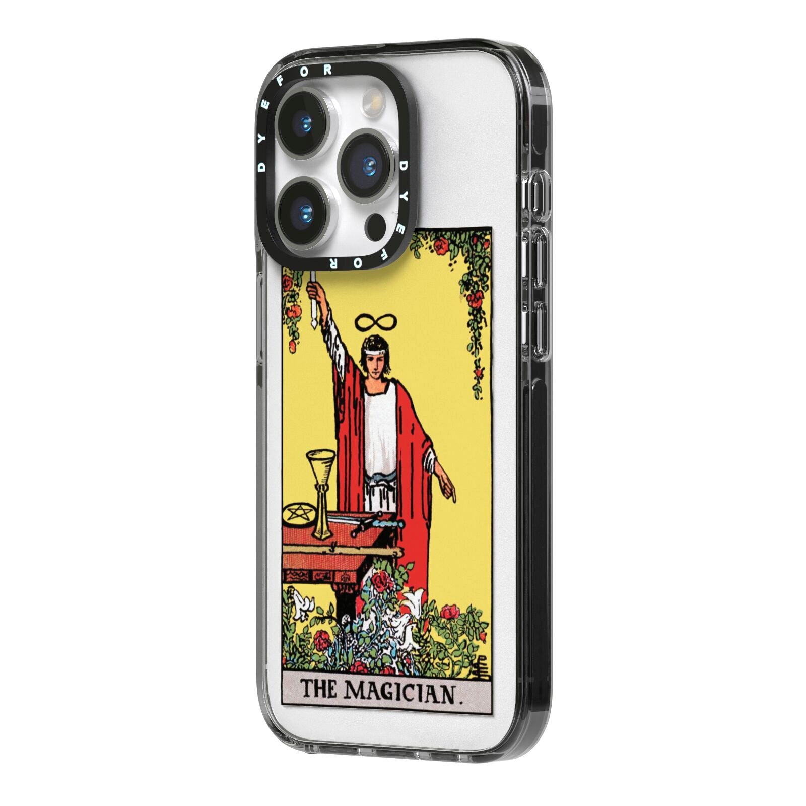 The Magician Tarot Card iPhone 14 Pro Black Impact Case Side Angle on Silver phone