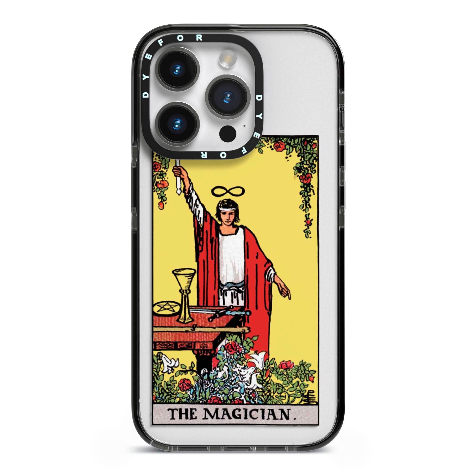 The Magician Tarot Card iPhone 14 Pro Black Impact Case on Silver phone