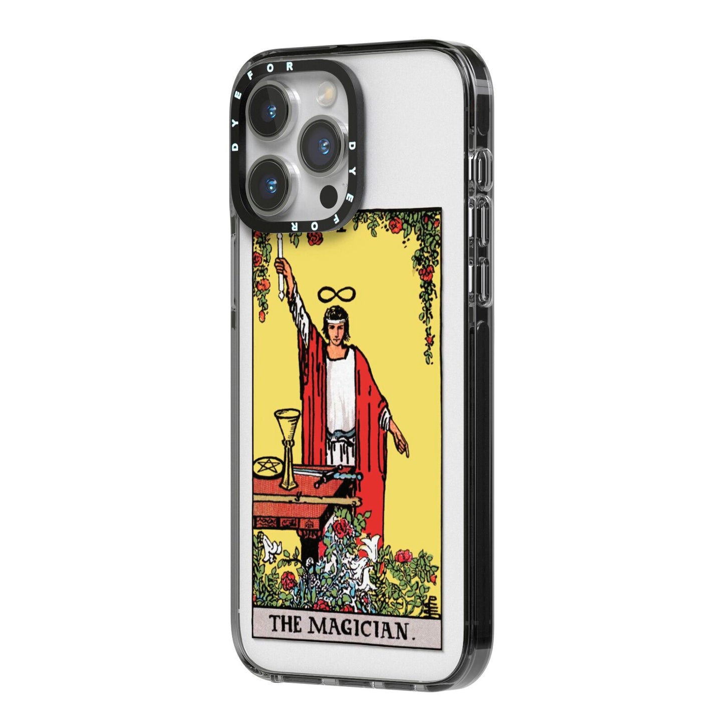 The Magician Tarot Card iPhone 14 Pro Max Black Impact Case Side Angle on Silver phone