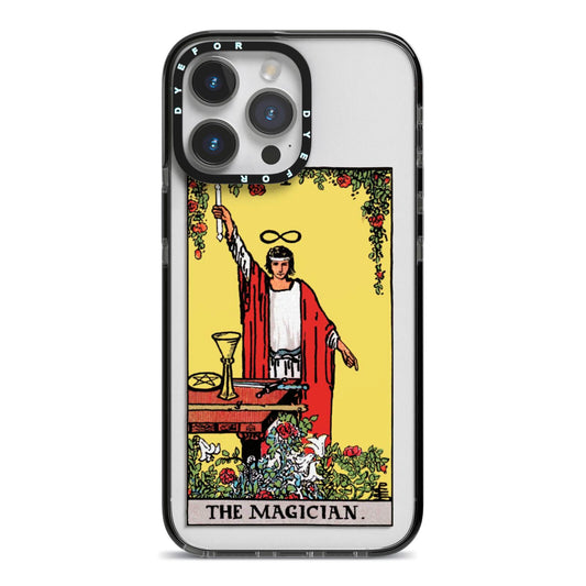 The Magician Tarot Card iPhone 14 Pro Max Black Impact Case on Silver phone