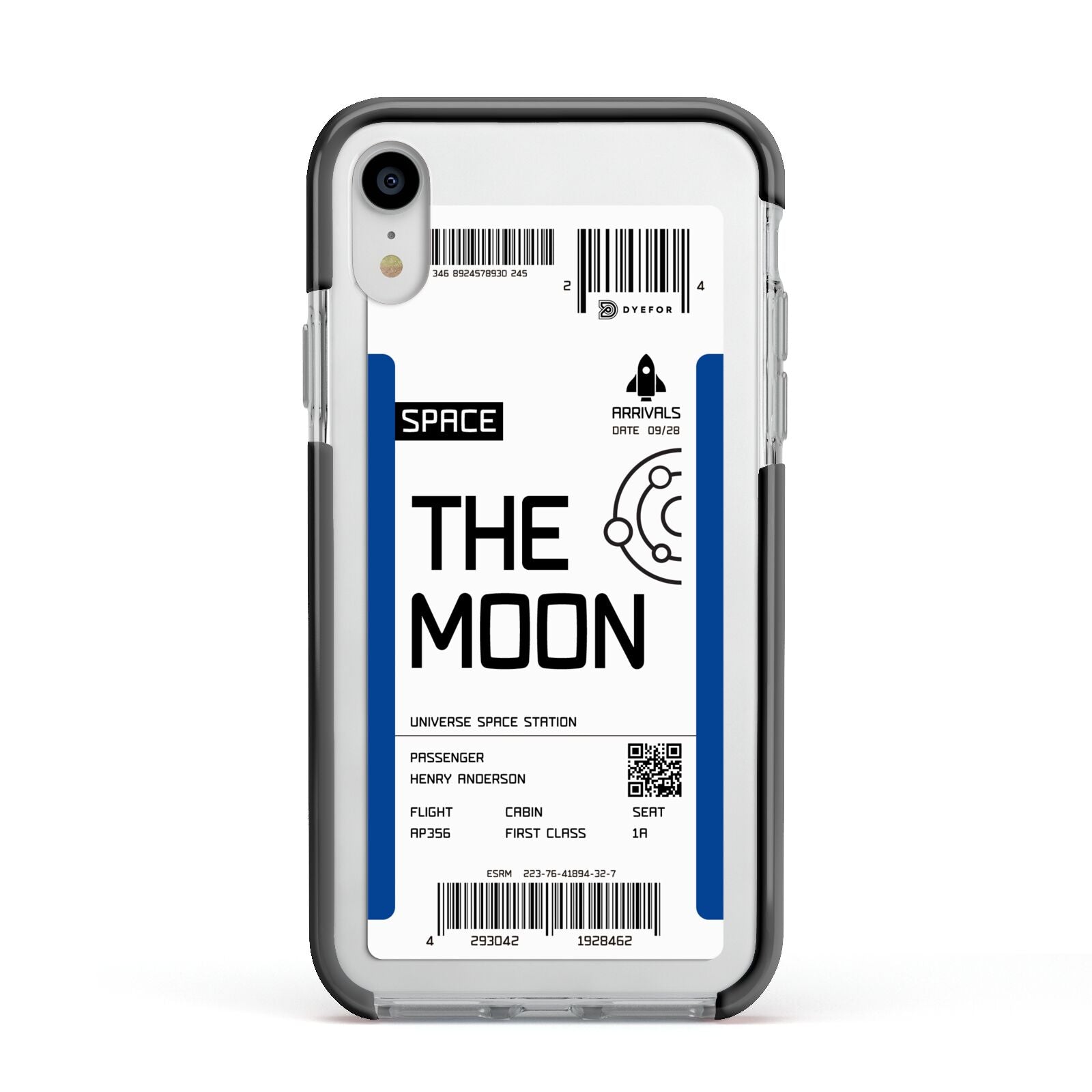 The Moon Boarding Pass Apple iPhone XR Impact Case Black Edge on Silver Phone