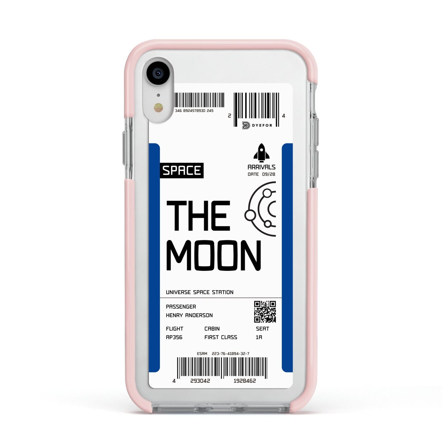 The Moon Boarding Pass Apple iPhone XR Impact Case Pink Edge on Silver Phone