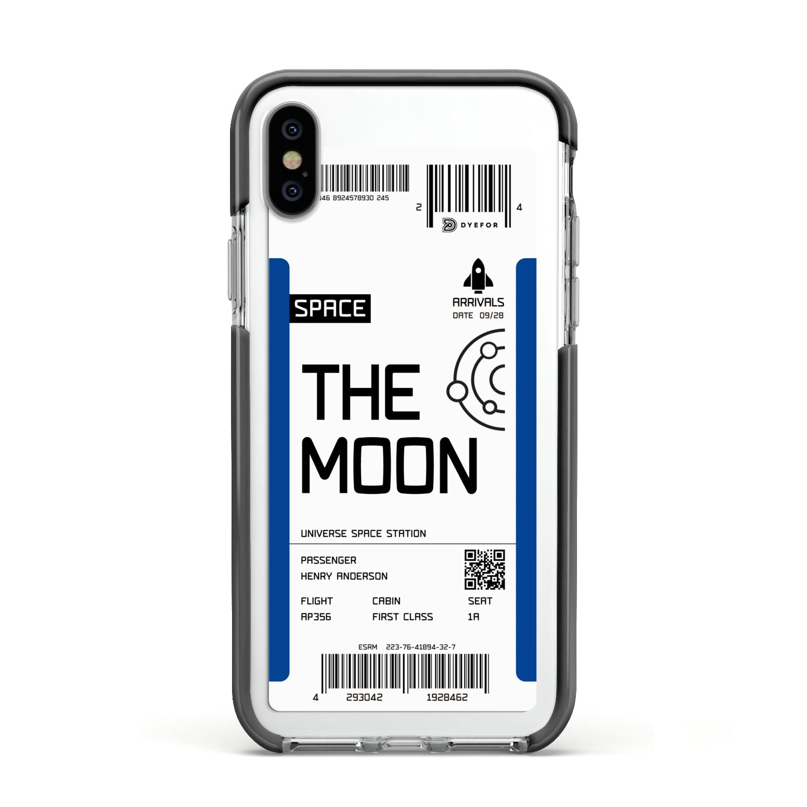 The Moon Boarding Pass Apple iPhone Xs Impact Case Black Edge on Silver Phone