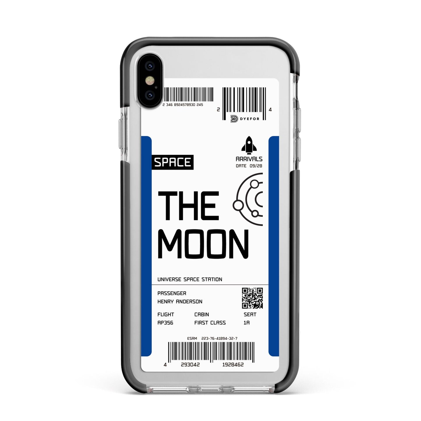 The Moon Boarding Pass Apple iPhone Xs Max Impact Case Black Edge on Silver Phone