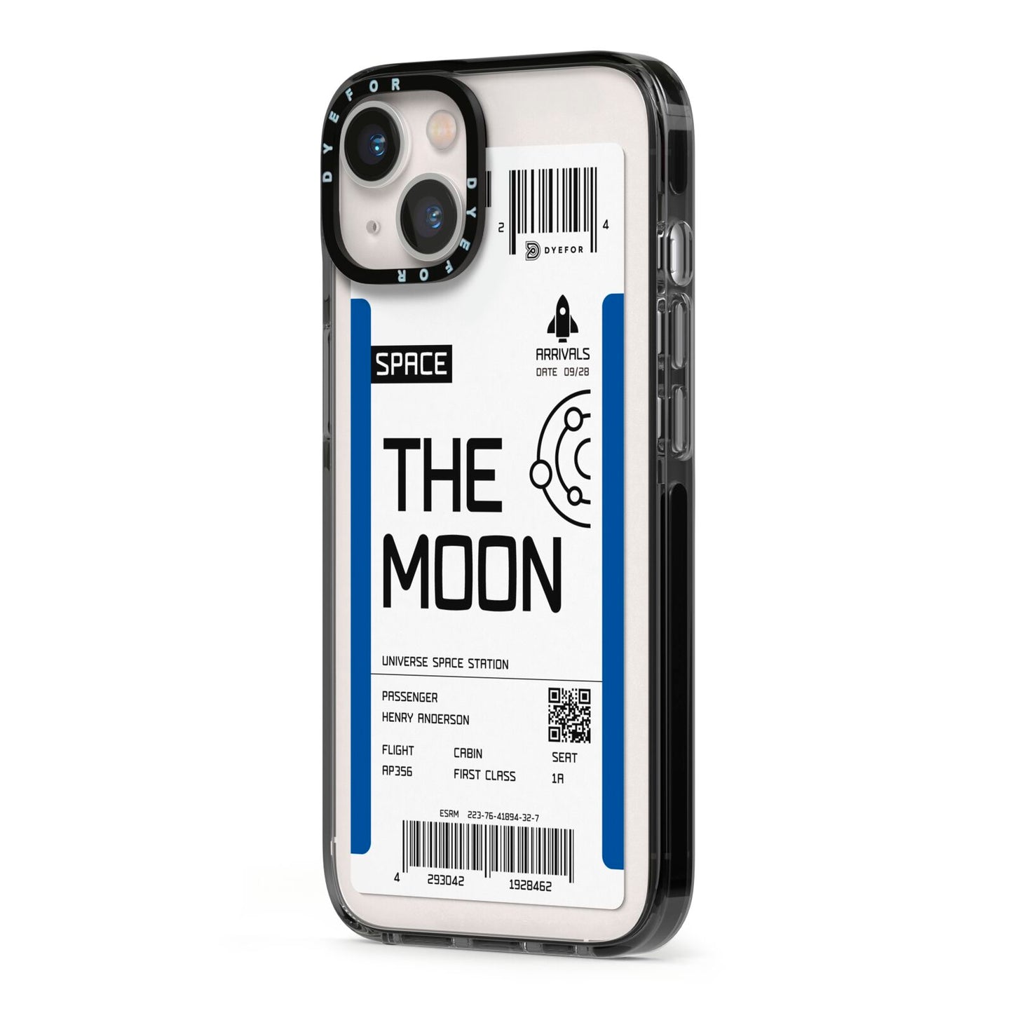 The Moon Boarding Pass iPhone 13 Black Impact Case Side Angle on Silver phone