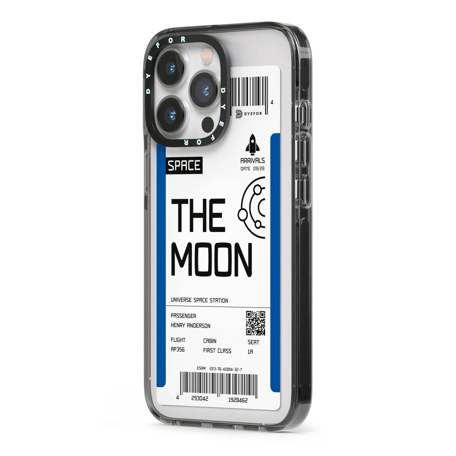 The Moon Boarding Pass iPhone 13 Pro Black Impact Case Side Angle on Silver phone