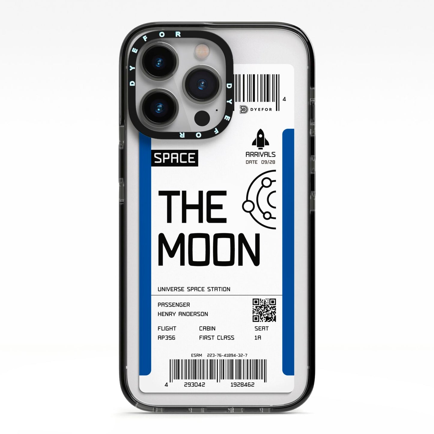 The Moon Boarding Pass iPhone 13 Pro Black Impact Case on Silver phone