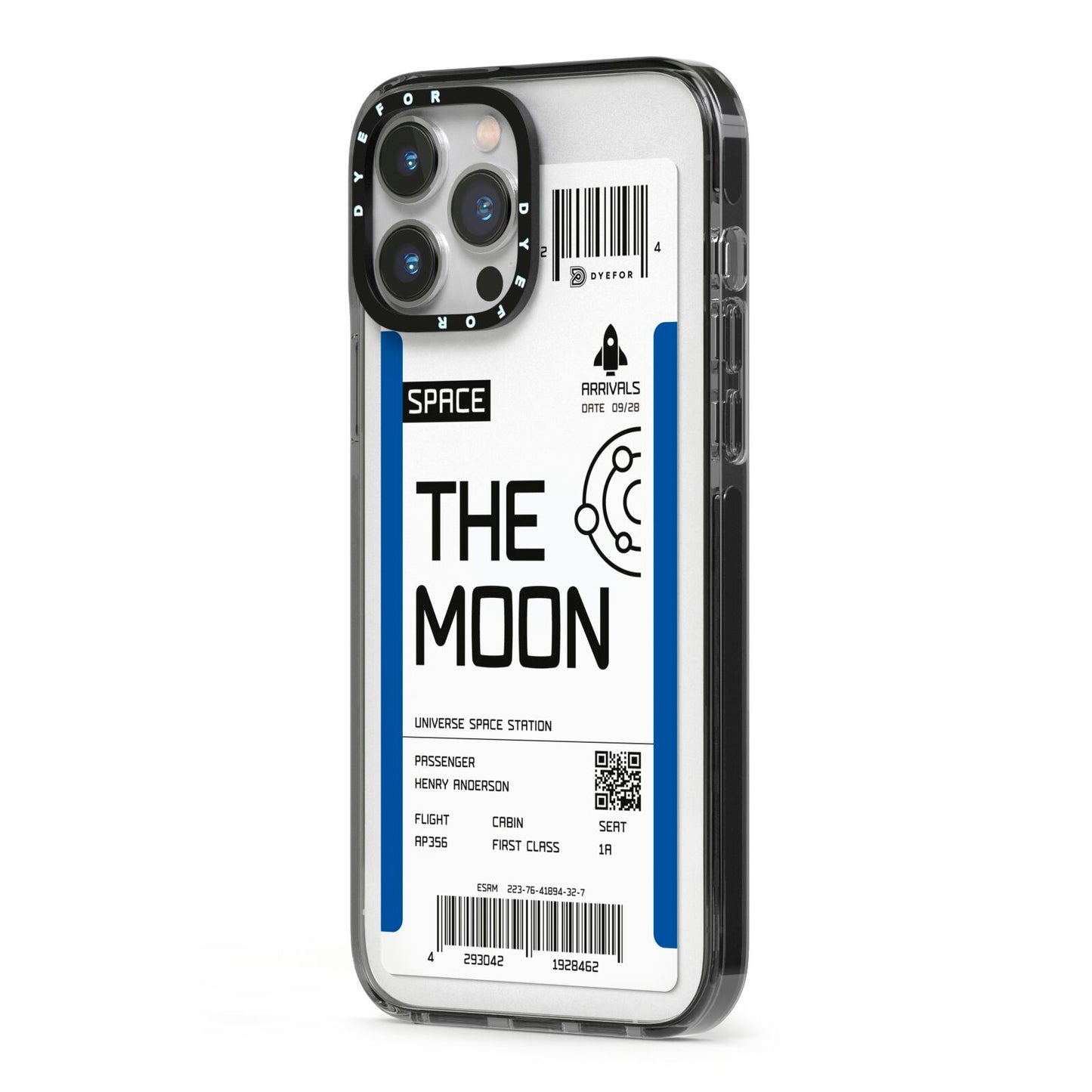 The Moon Boarding Pass iPhone 13 Pro Max Black Impact Case Side Angle on Silver phone