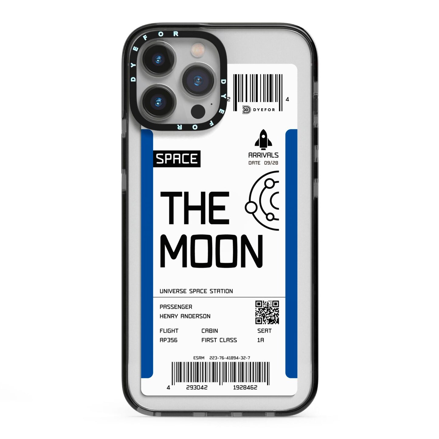 The Moon Boarding Pass iPhone 13 Pro Max Black Impact Case on Silver phone