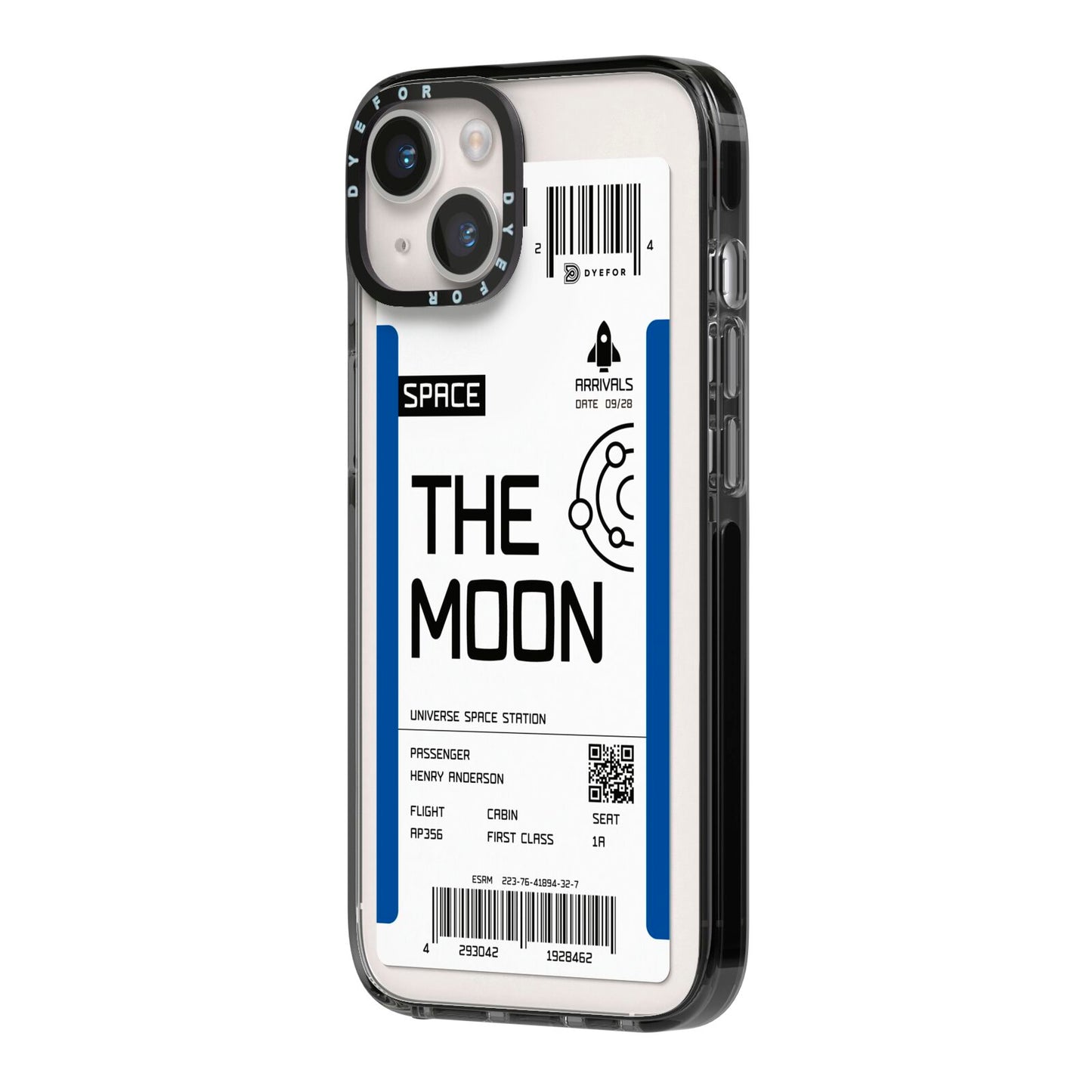 The Moon Boarding Pass iPhone 14 Black Impact Case Side Angle on Silver phone