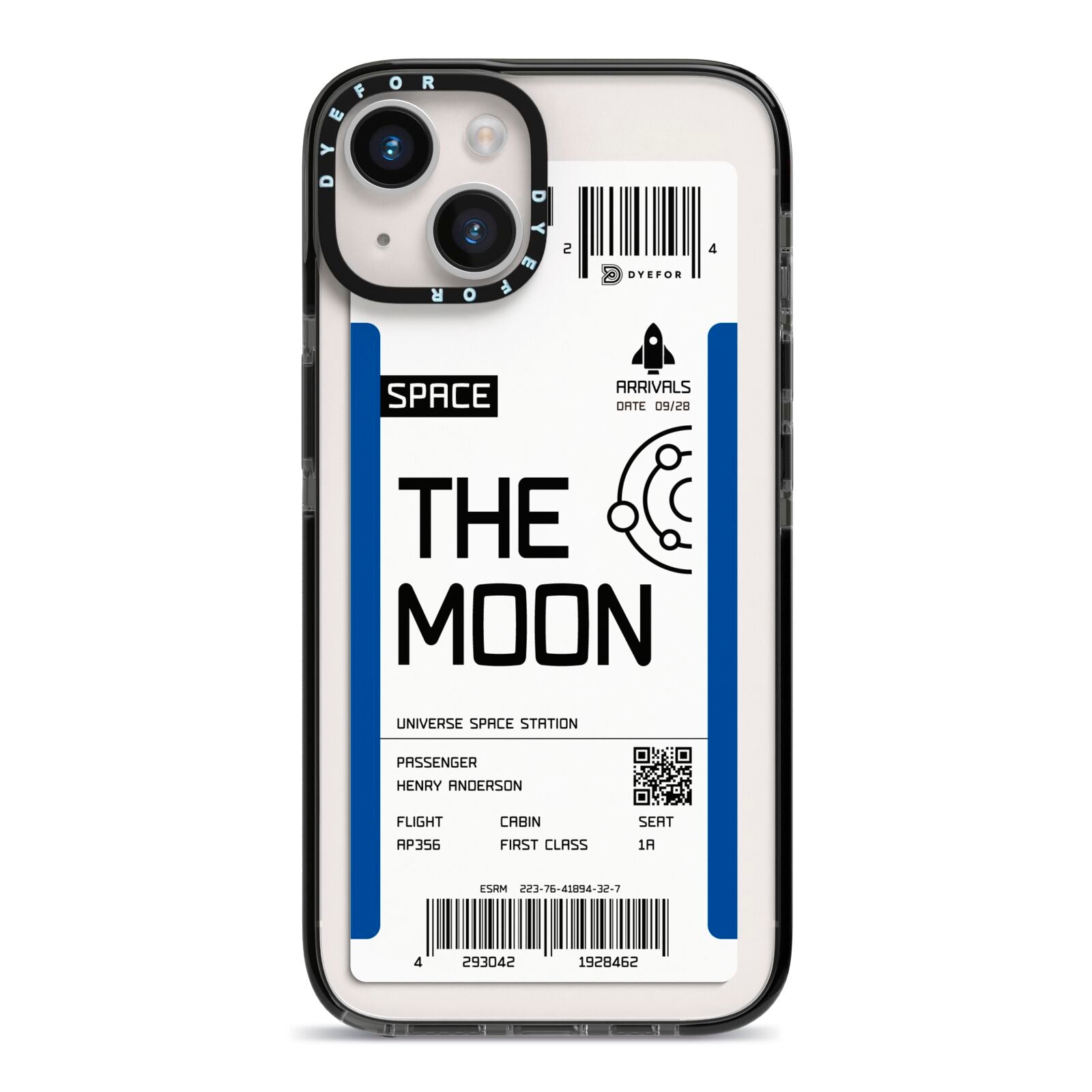 The Moon Boarding Pass iPhone 14 Black Impact Case on Silver phone