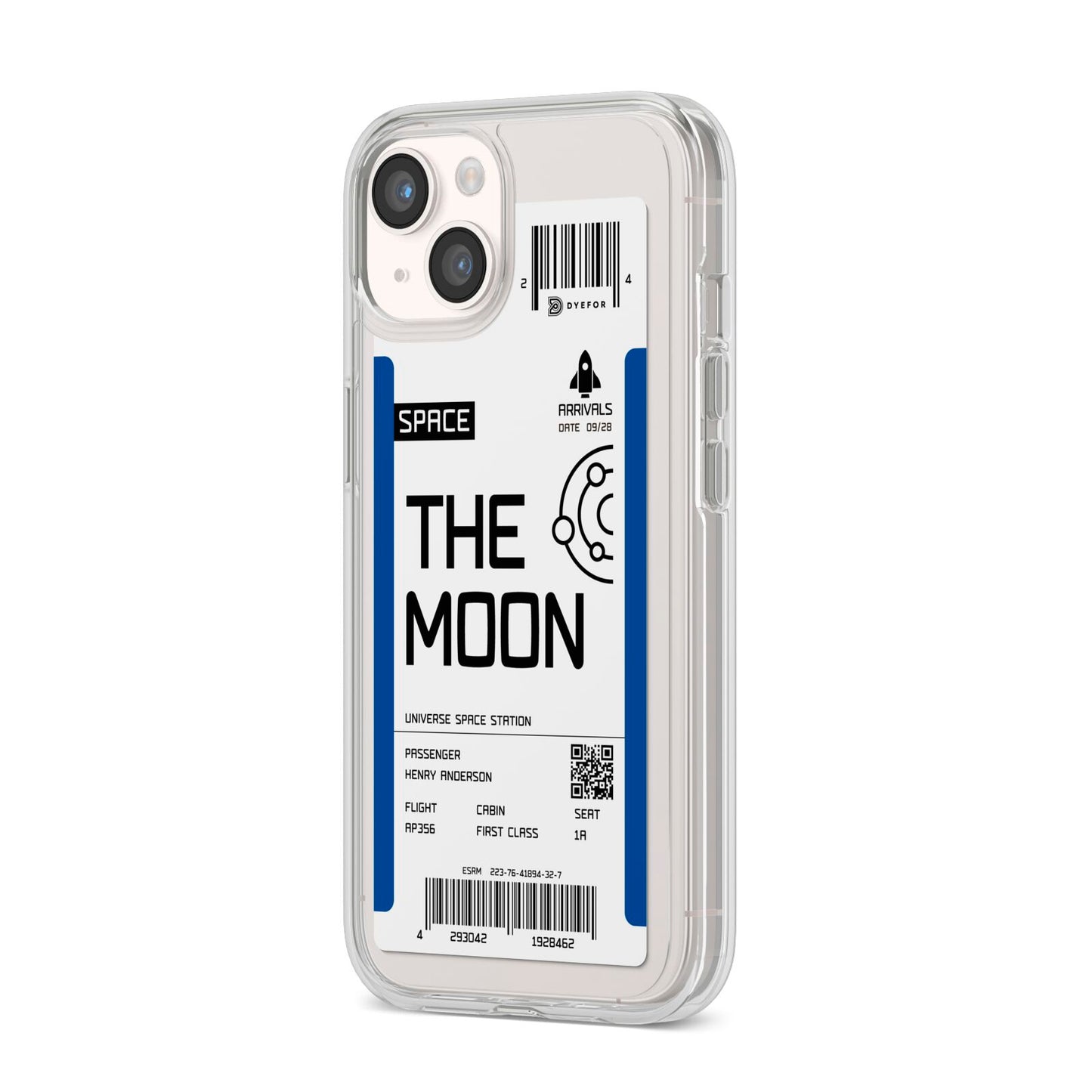 The Moon Boarding Pass iPhone 14 Clear Tough Case Starlight Angled Image