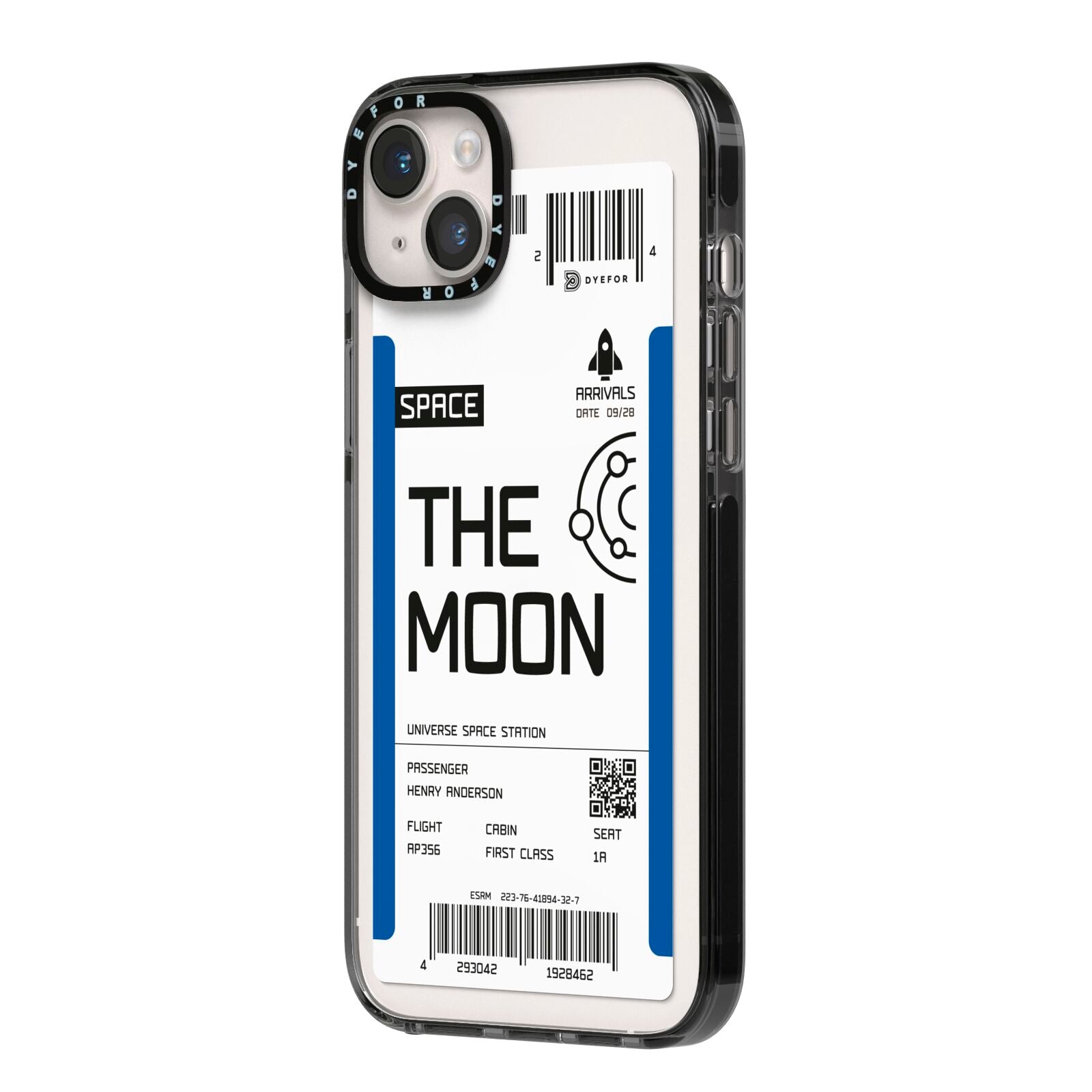 The Moon Boarding Pass iPhone 14 Plus Black Impact Case Side Angle on Silver phone