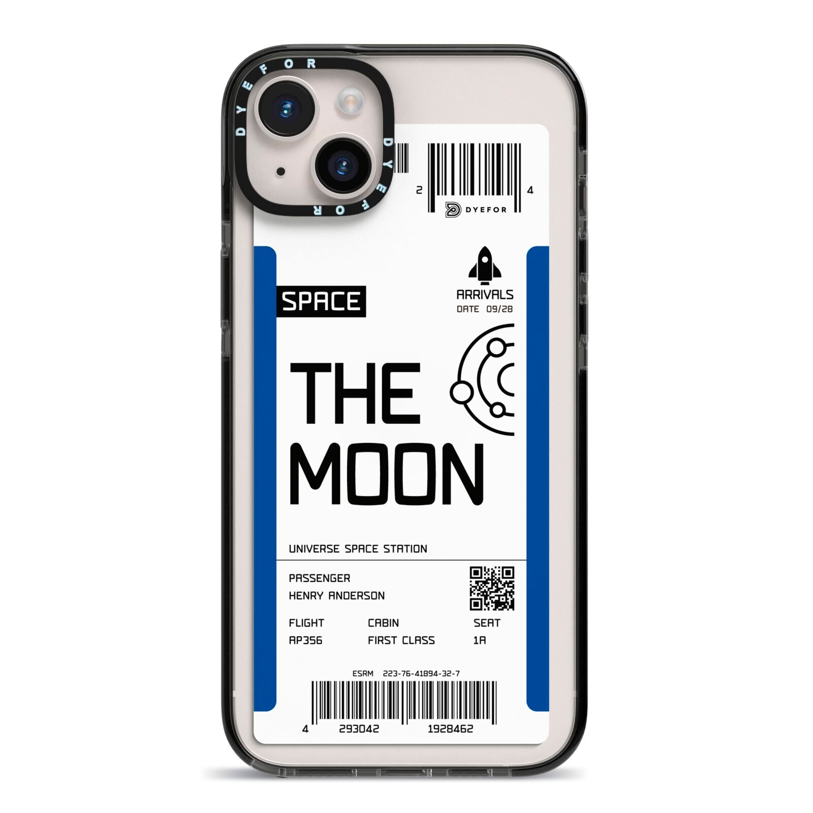 The Moon Boarding Pass iPhone 14 Plus Black Impact Case on Silver phone