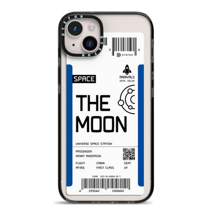 The Moon Boarding Pass iPhone 14 Plus Black Impact Case on Silver phone