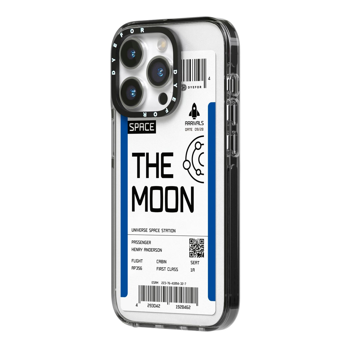 The Moon Boarding Pass iPhone 14 Pro Black Impact Case Side Angle on Silver phone