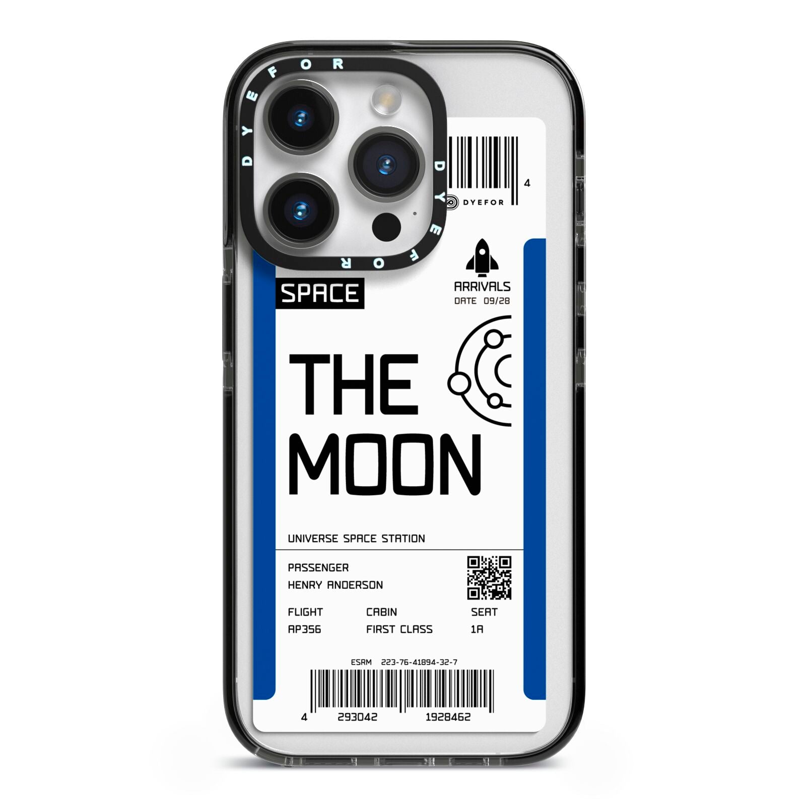 The Moon Boarding Pass iPhone 14 Pro Black Impact Case on Silver phone