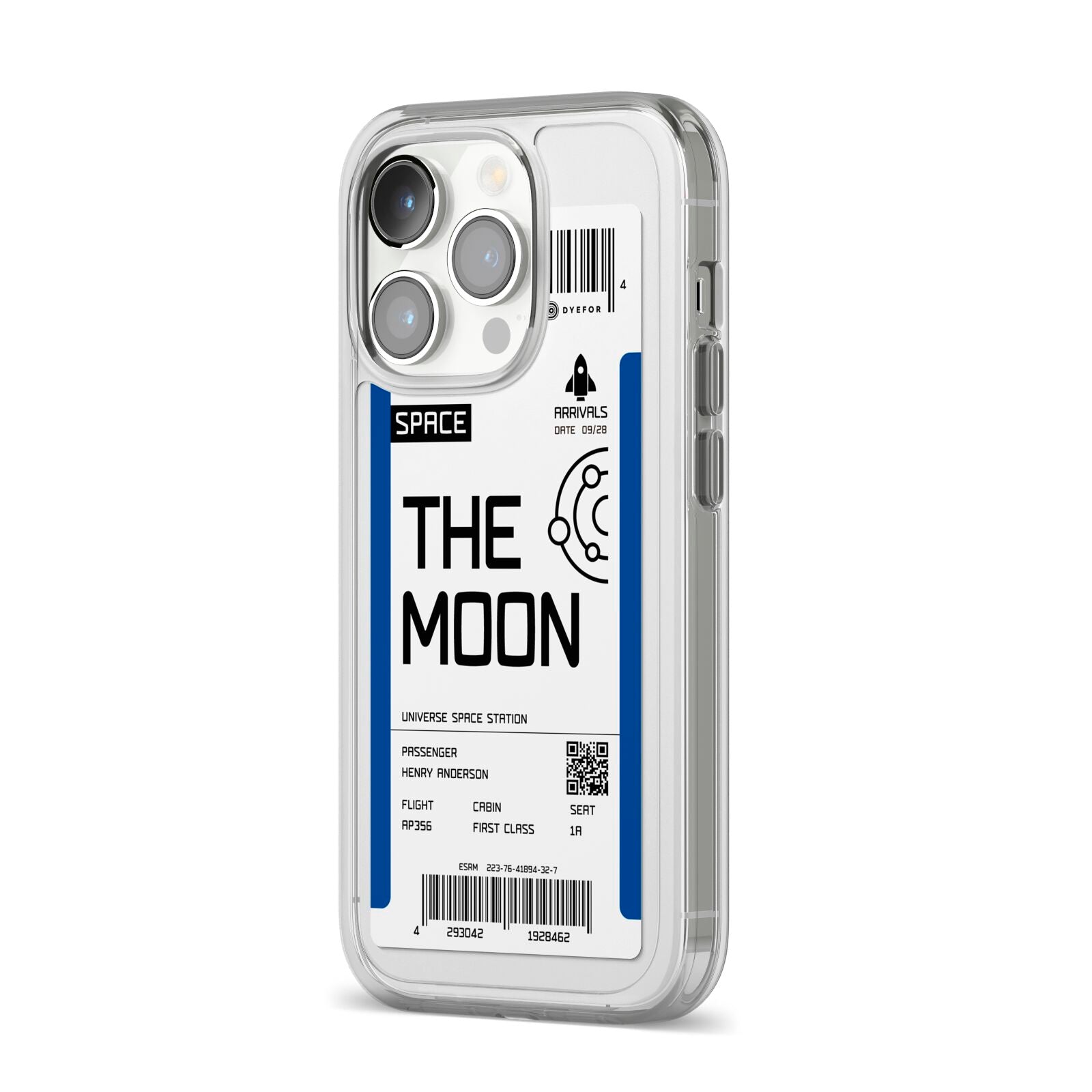 The Moon Boarding Pass iPhone 14 Pro Clear Tough Case Silver Angled Image