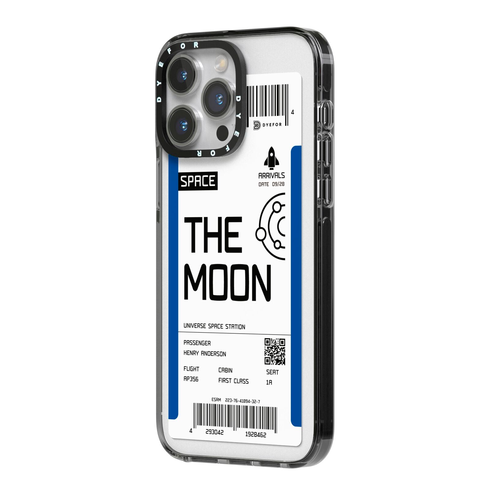 The Moon Boarding Pass iPhone 14 Pro Max Black Impact Case Side Angle on Silver phone