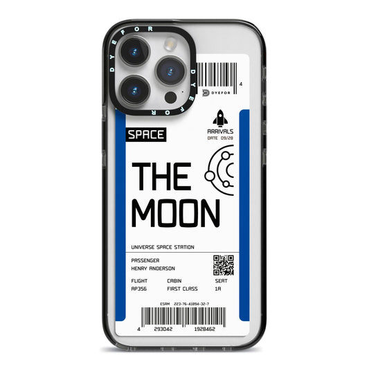 The Moon Boarding Pass iPhone 14 Pro Max Black Impact Case on Silver phone