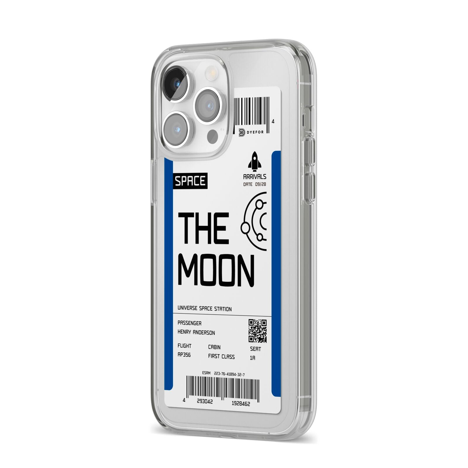 The Moon Boarding Pass iPhone 14 Pro Max Clear Tough Case Silver Angled Image