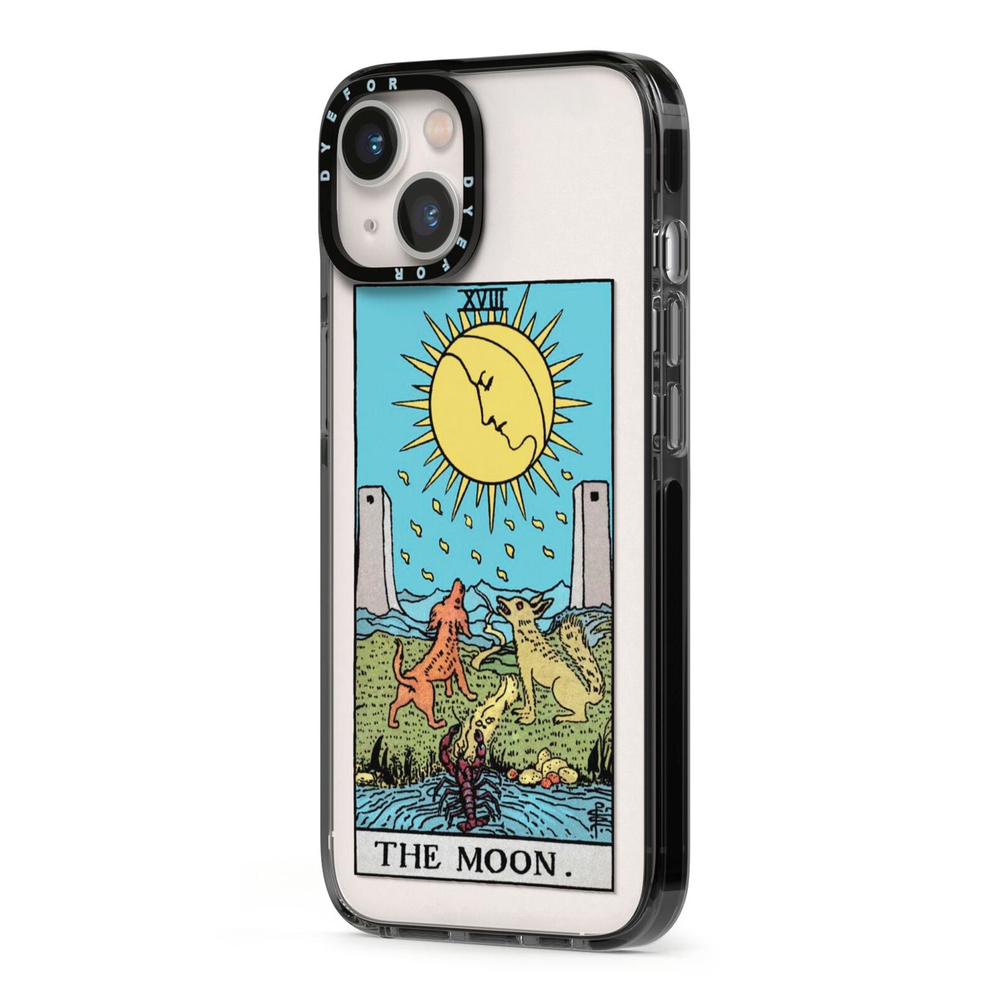 The Moon Tarot Card iPhone 13 Black Impact Case Side Angle on Silver phone