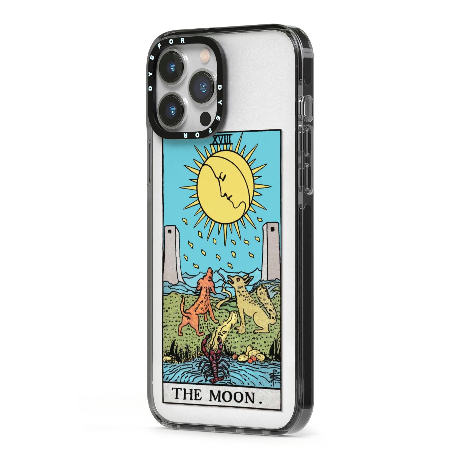 The Moon Tarot Card iPhone 13 Pro Max Black Impact Case Side Angle on Silver phone