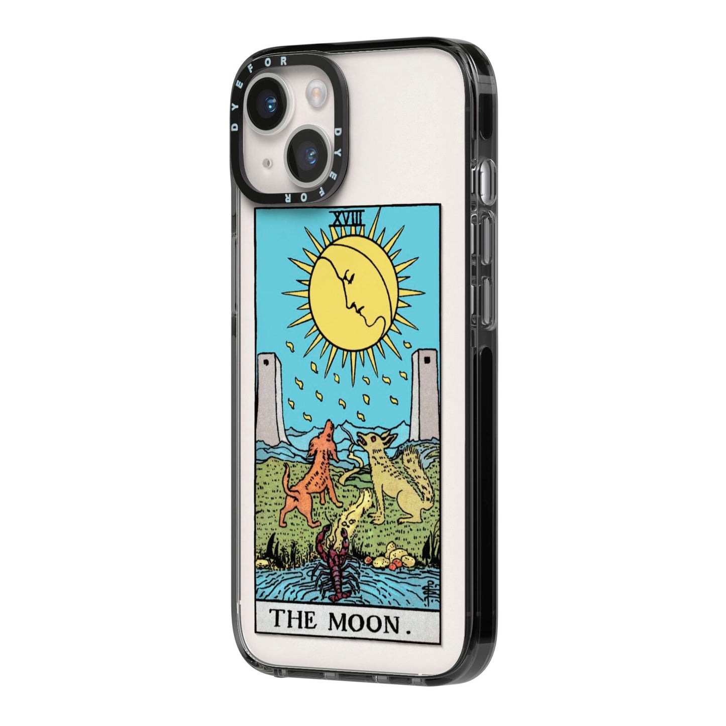 The Moon Tarot Card iPhone 14 Black Impact Case Side Angle on Silver phone
