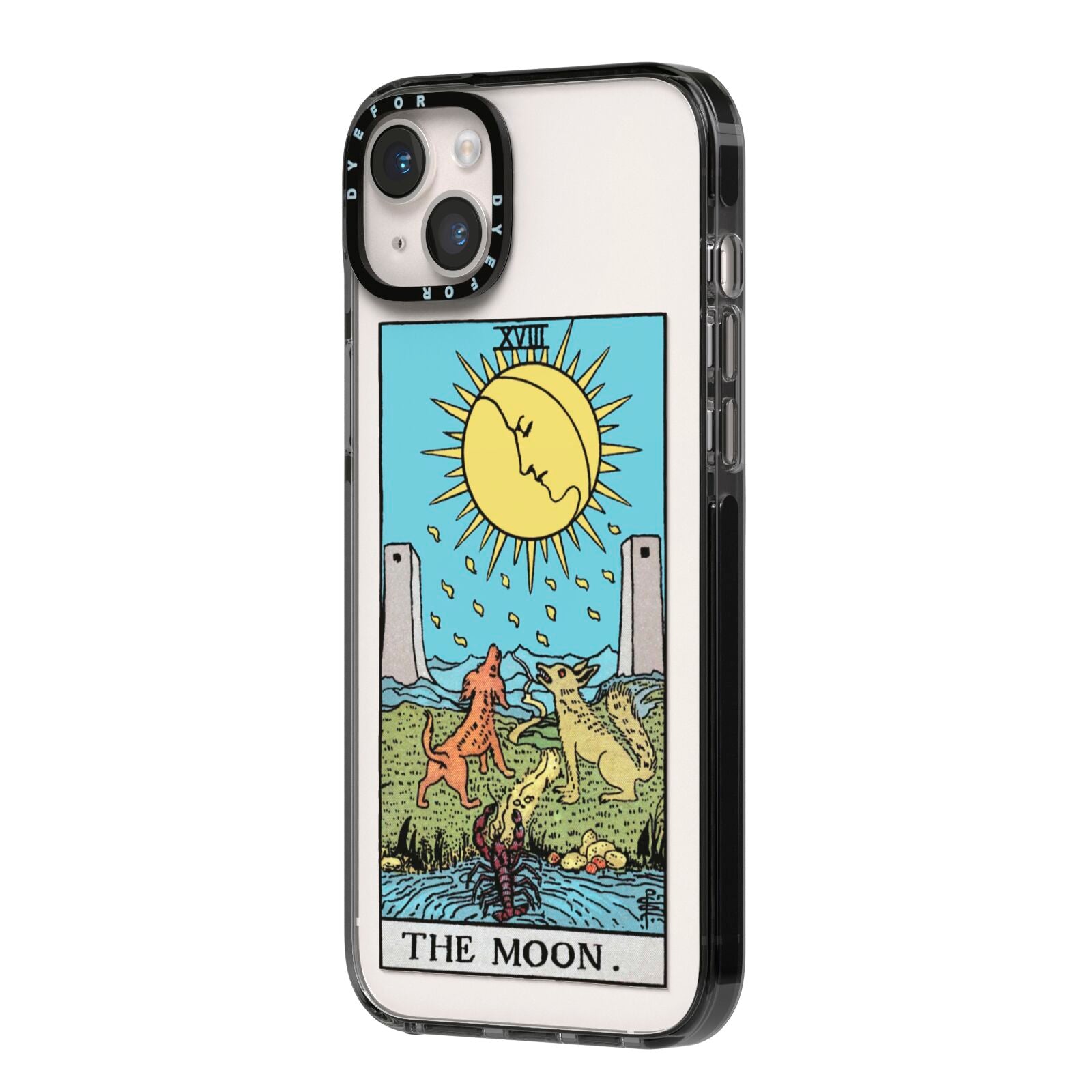 The Moon Tarot Card iPhone 14 Plus Black Impact Case Side Angle on Silver phone