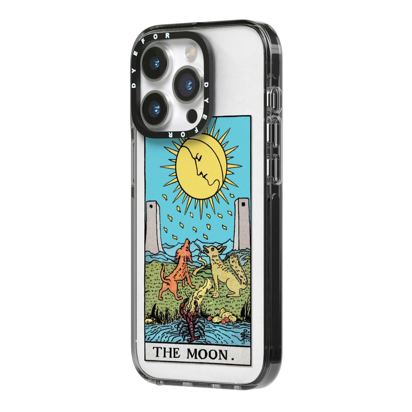 The Moon Tarot Card iPhone 14 Pro Black Impact Case Side Angle on Silver phone