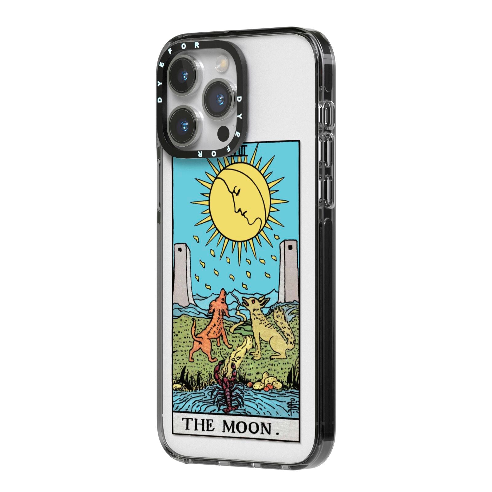 The Moon Tarot Card iPhone 14 Pro Max Black Impact Case Side Angle on Silver phone