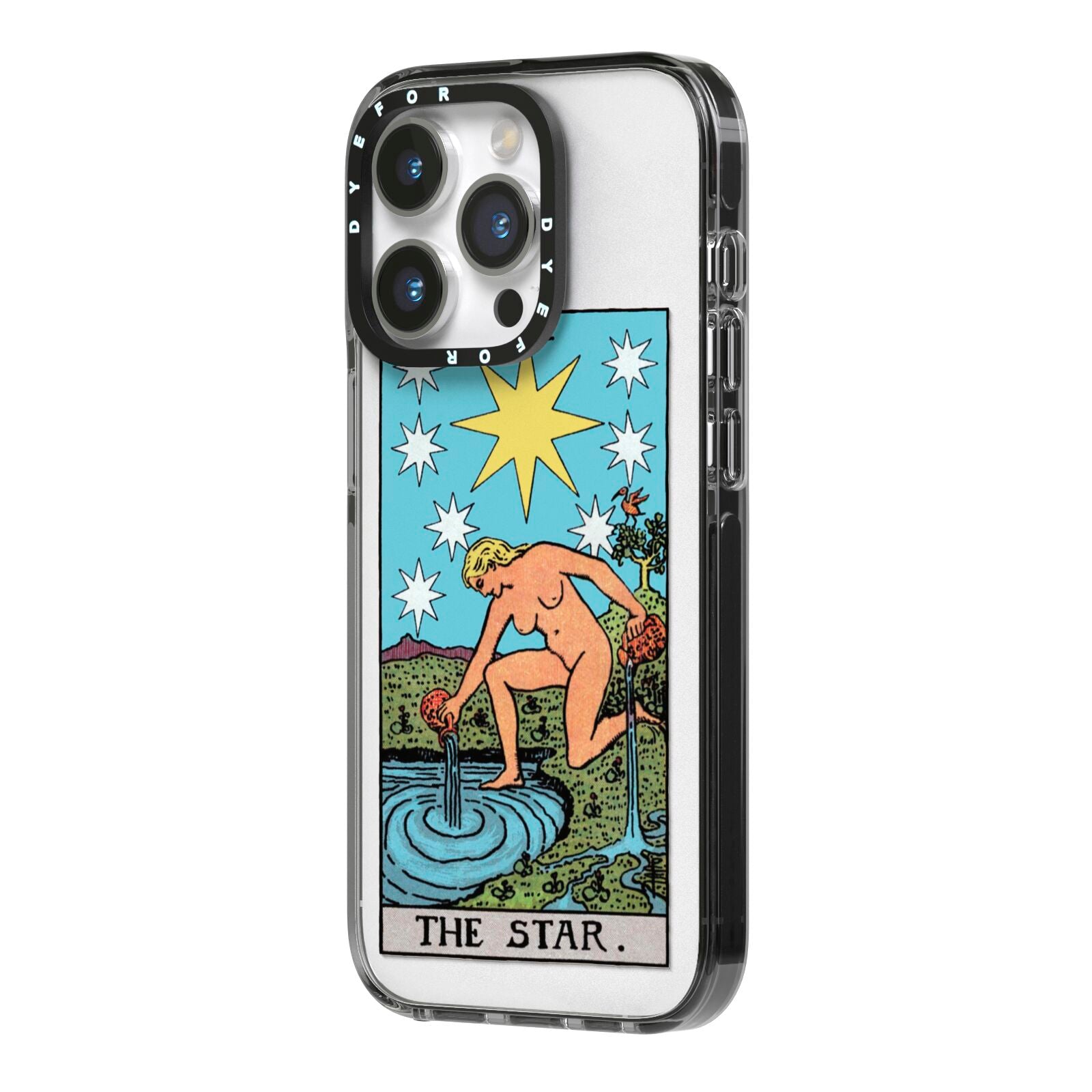 The Star Tarot Card iPhone 14 Pro Black Impact Case Side Angle on Silver phone