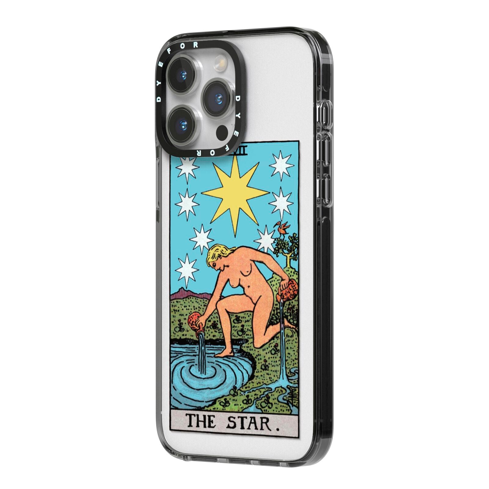 The Star Tarot Card iPhone 14 Pro Max Black Impact Case Side Angle on Silver phone