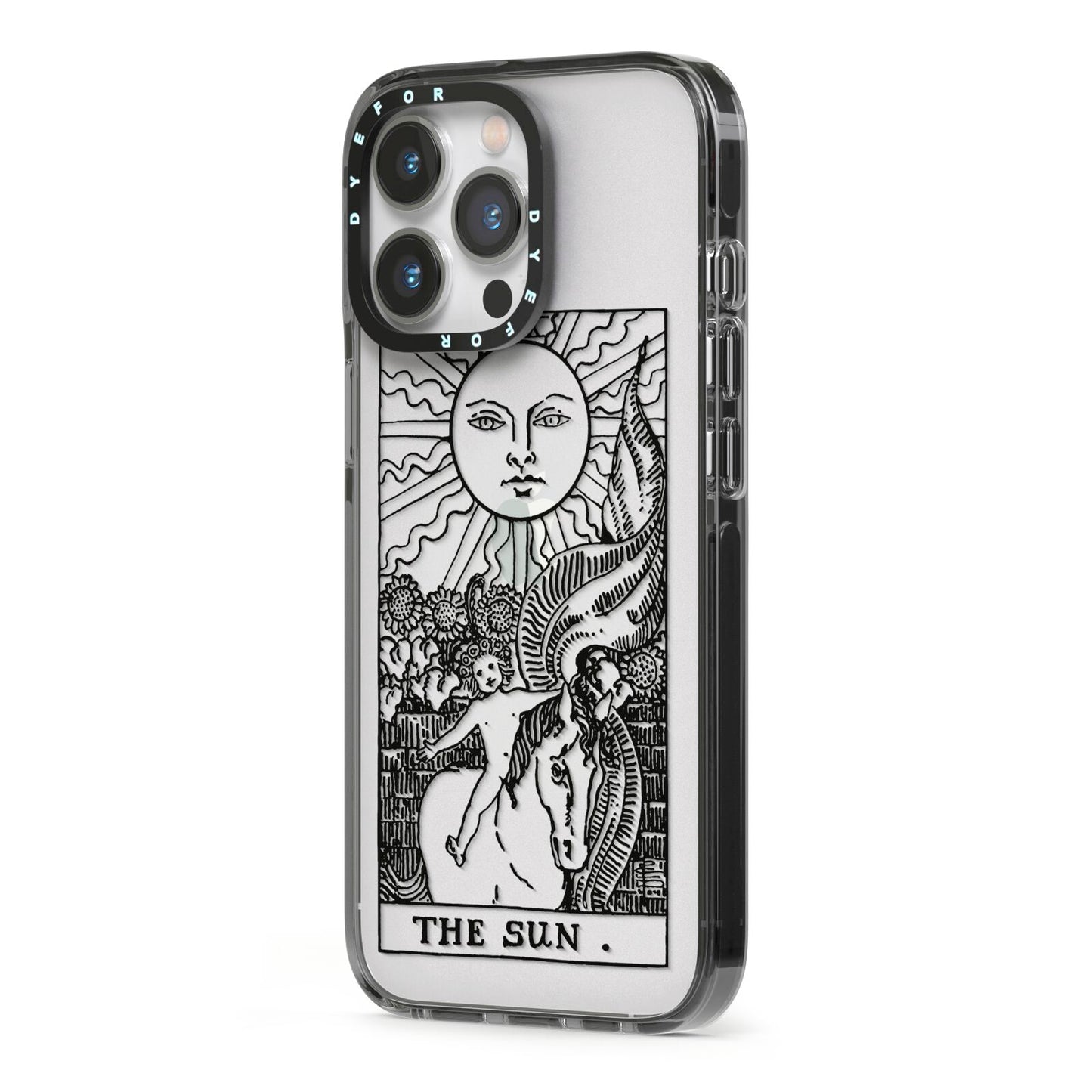 The Sun Monochrome iPhone 13 Pro Black Impact Case Side Angle on Silver phone
