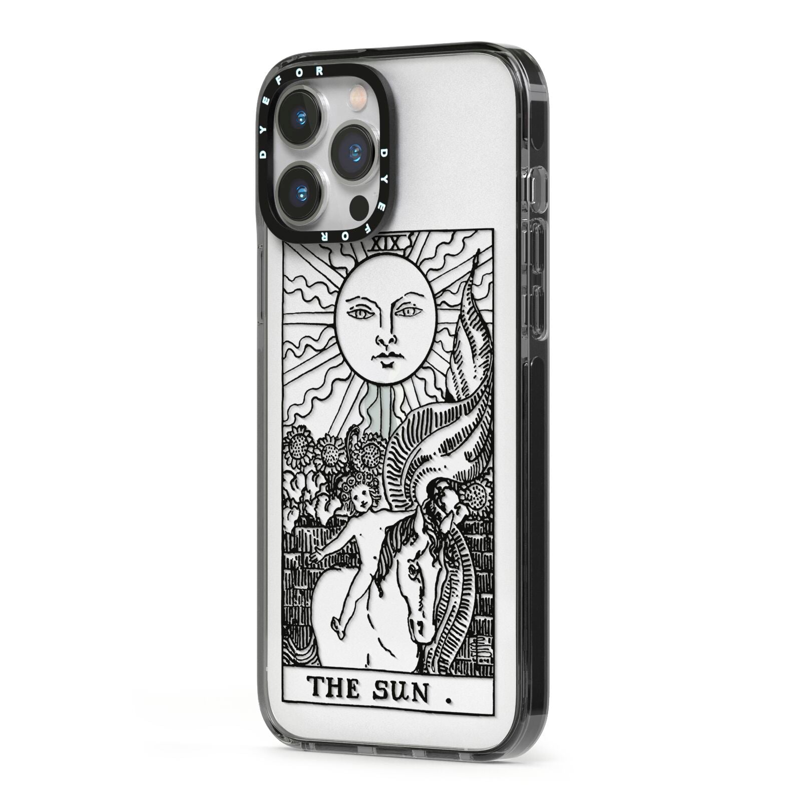 The Sun Monochrome iPhone 13 Pro Max Black Impact Case Side Angle on Silver phone