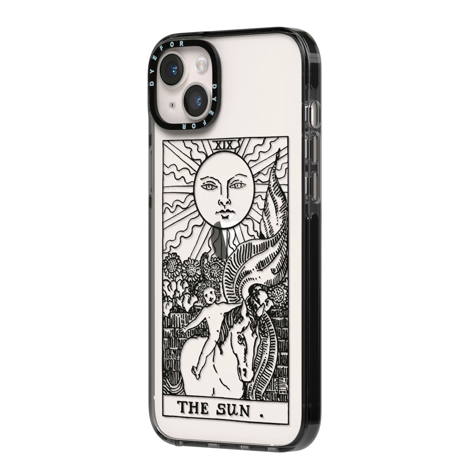The Sun Monochrome iPhone 14 Plus Black Impact Case Side Angle on Silver phone