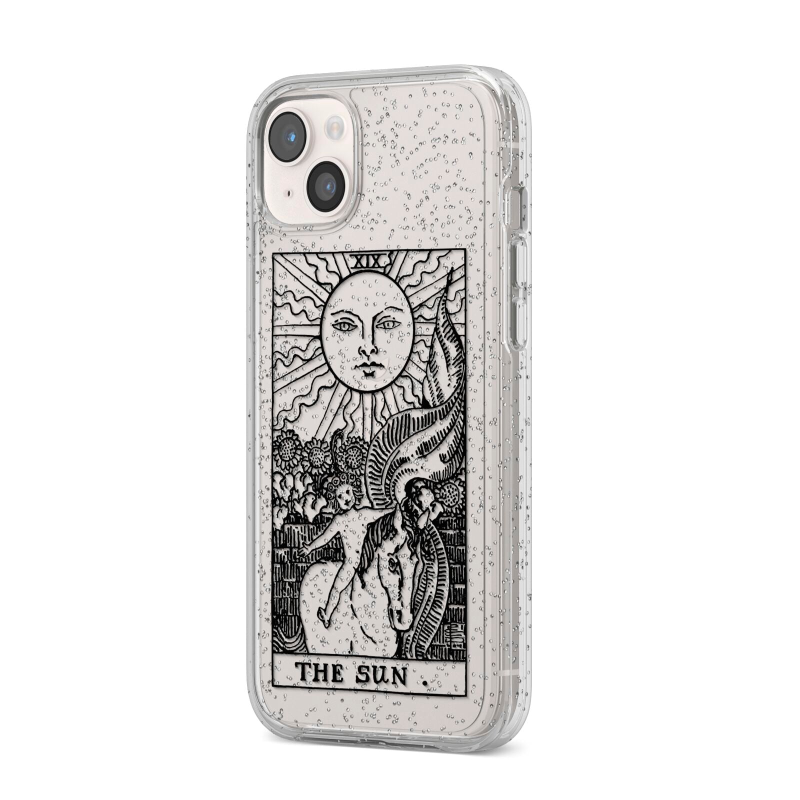 The Sun Monochrome iPhone 14 Plus Glitter Tough Case Starlight Angled Image