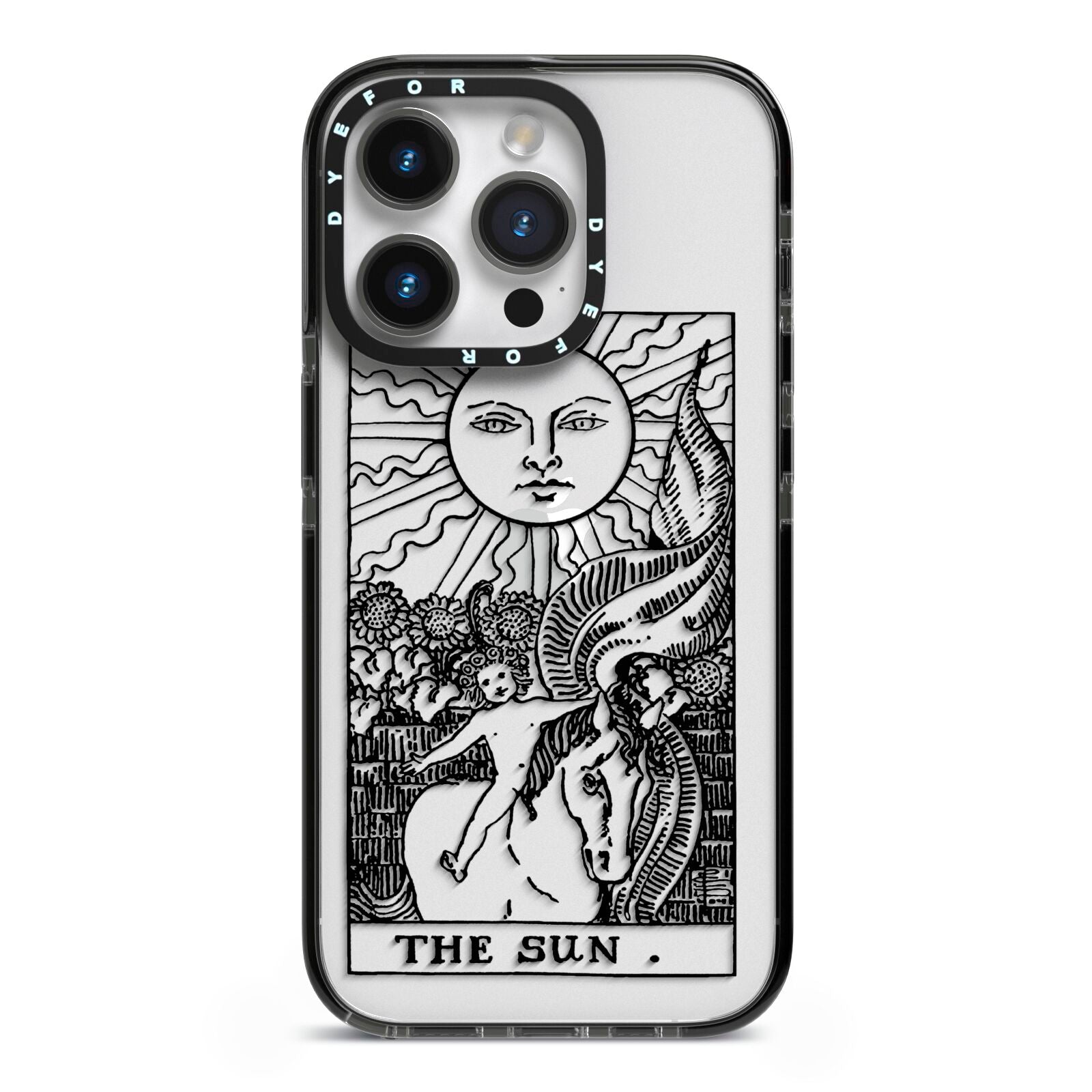 The Sun Monochrome iPhone 14 Pro Black Impact Case on Silver phone