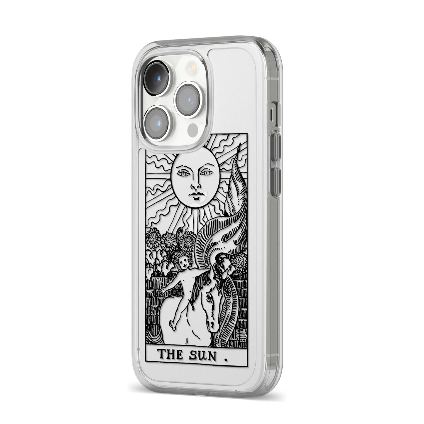 The Sun Monochrome iPhone 14 Pro Clear Tough Case Silver Angled Image