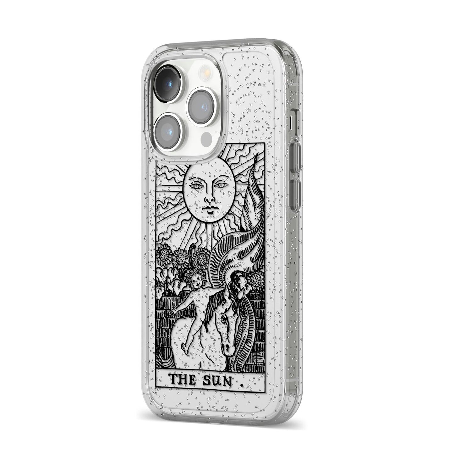 The Sun Monochrome iPhone 14 Pro Glitter Tough Case Silver Angled Image