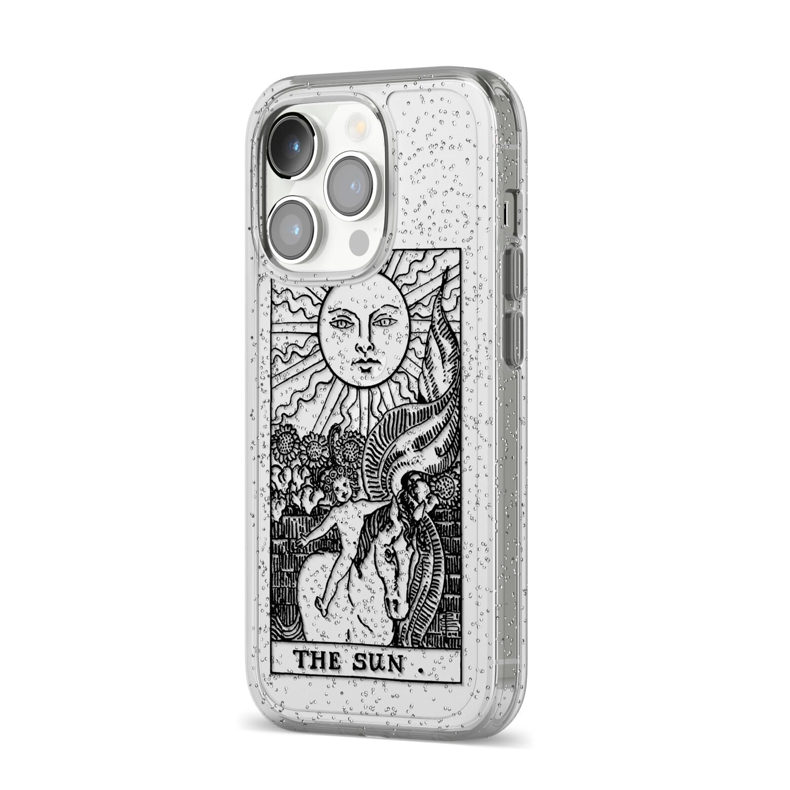 The Sun Monochrome iPhone 14 Pro Glitter Tough Case Silver Angled Image