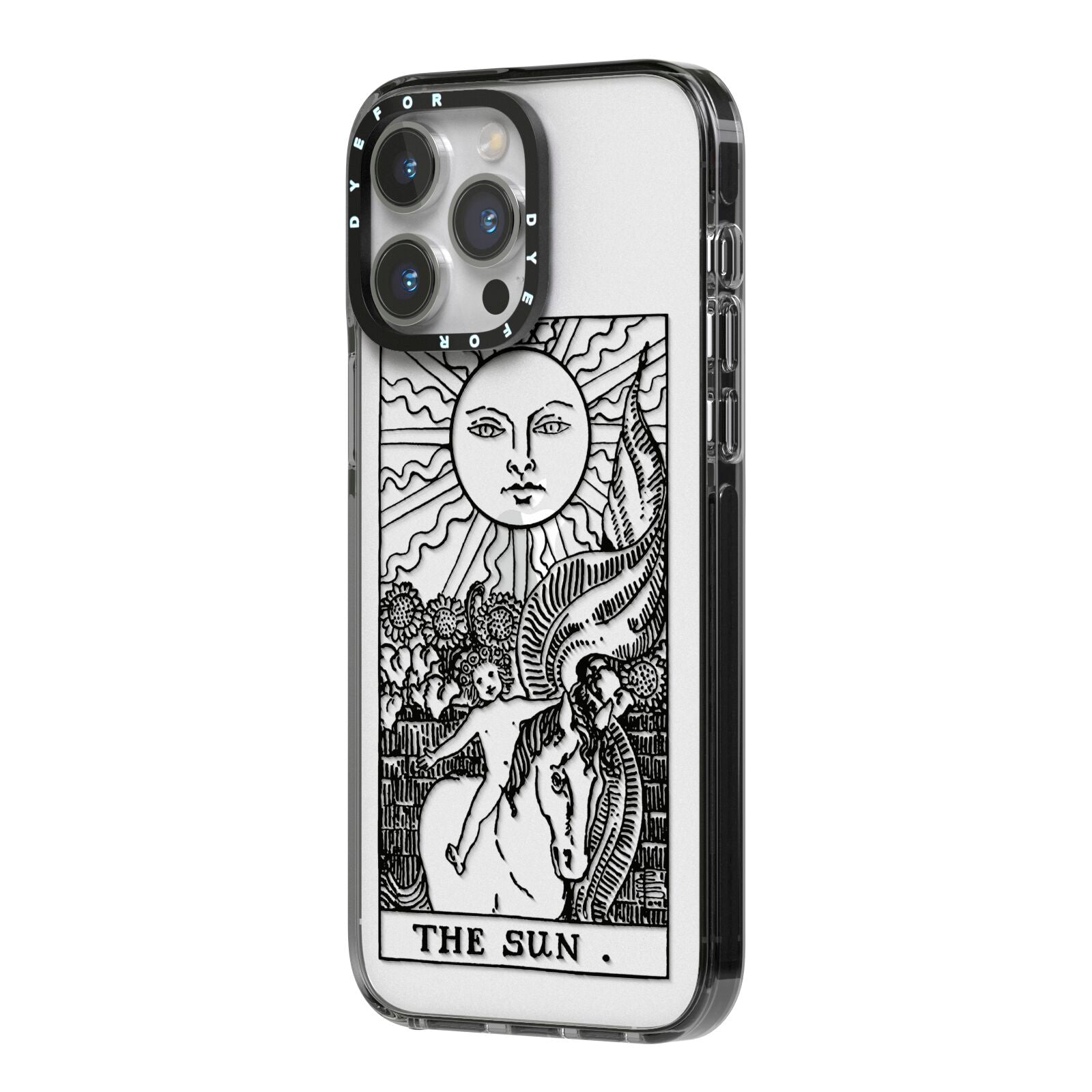 The Sun Monochrome iPhone 14 Pro Max Black Impact Case Side Angle on Silver phone