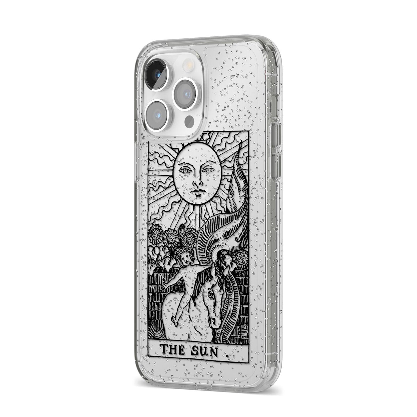 The Sun Monochrome iPhone 14 Pro Max Glitter Tough Case Silver Angled Image