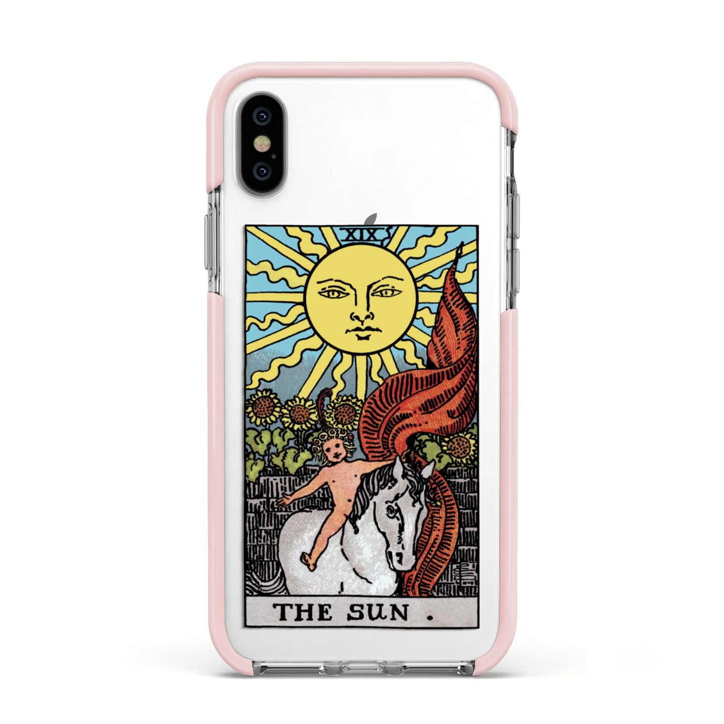 The Sun Tarot Card Apple iPhone Xs Impact Case Pink Edge on Silver Phone